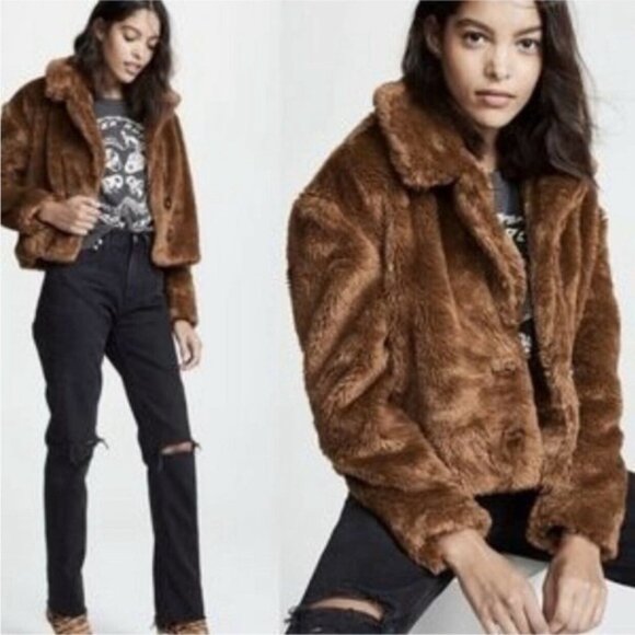 Free People Brown Faux Fur Cropped Teddy Jacket. - Picture 1 of 6